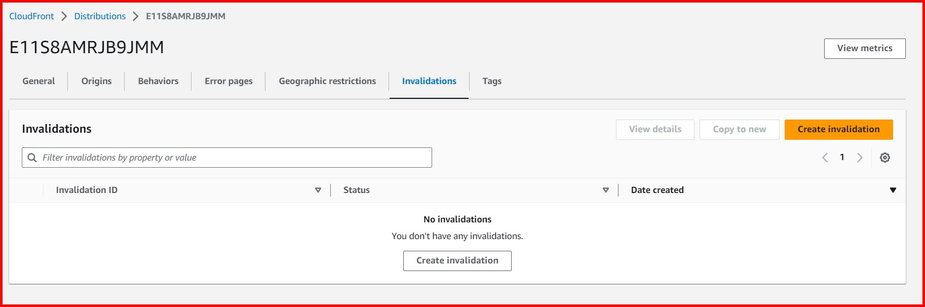 Picture showing the Create invalidation button in the CloudFront